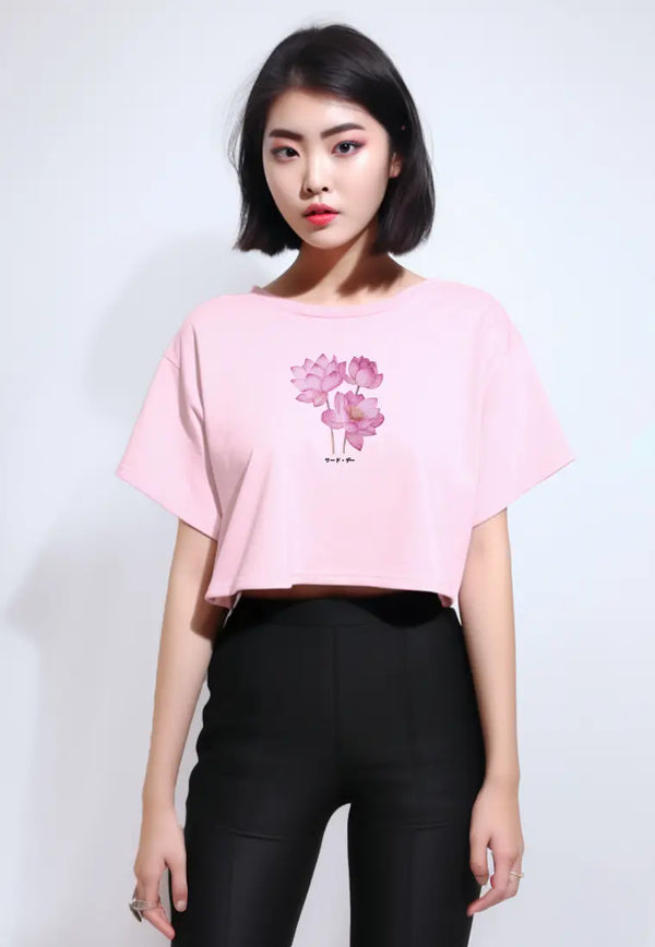 LTG49 Kaos Wanita Gambar Bunga Lotus OLC Crop Oversize Light Pink