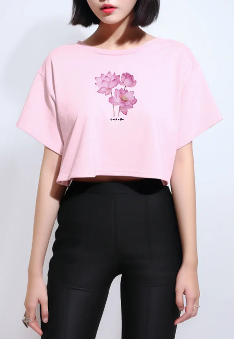 LTG49 Kaos Wanita Gambar Bunga Lotus OLC Crop Oversize Light Pink