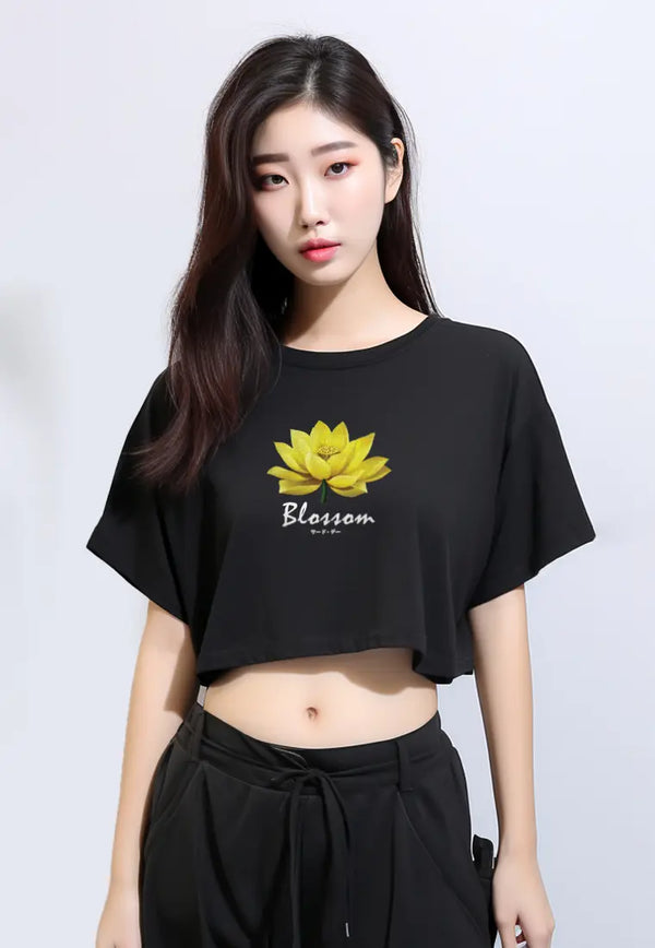 LTG51 Kaos Wanita Gambar Bunga Lotus Kuning OLC Crop Oversize Hitam