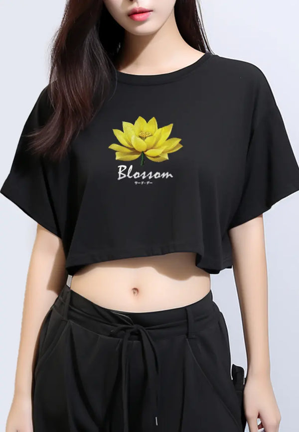 LTG51 Kaos Wanita Gambar Bunga Lotus Kuning OLC Crop Oversize Hitam