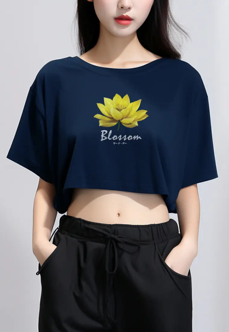 LTG52 Kaos Wanita Gambar Bunga Lotus Kuning OLC Crop Oversize Navy