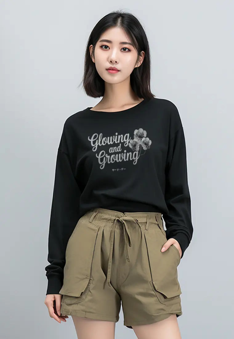 LTG55 Kaos Wanita Lengan Panjang Gambar Bunga "glowing growing" hitam