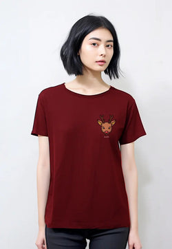 LTG56 Kaos Natal Wanita SS LDS Reindeer katakana Merah Maroon