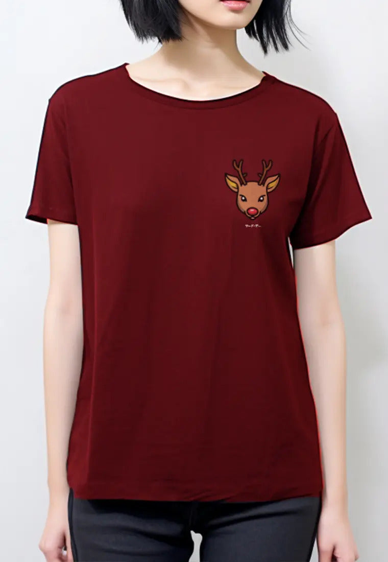 LTG56 Kaos Natal Wanita SS LDS Reindeer katakana Merah Maroon