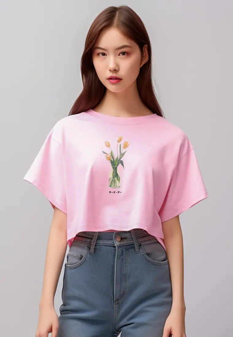 LTG58 kaos oversize wanita motif gambar bunga tulip OLC light pink