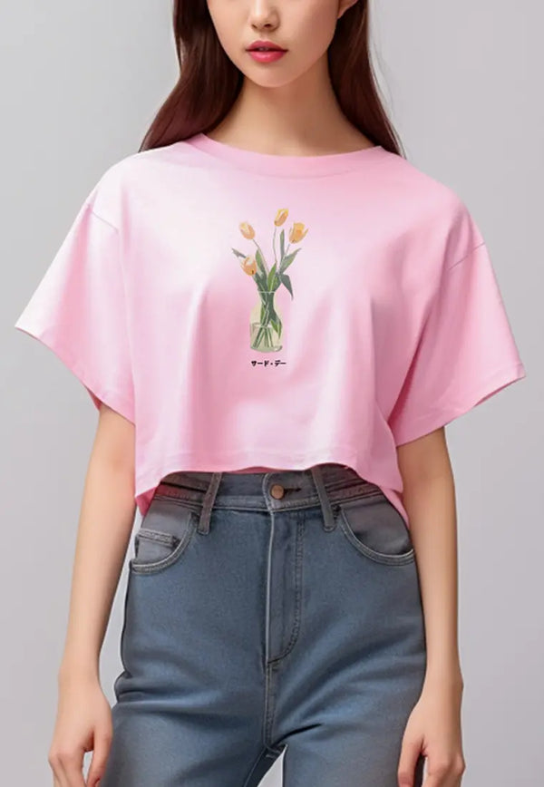 LTG58 kaos oversize wanita motif gambar bunga tulip OLC light pink