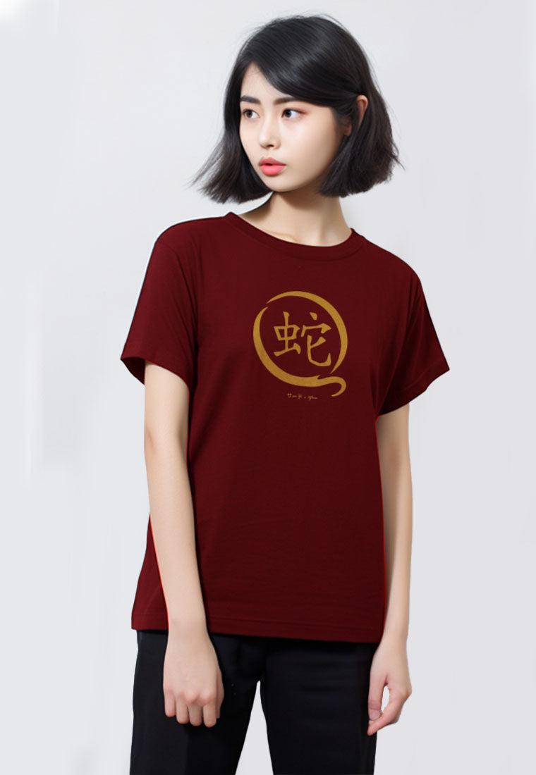 LTG63 Kaos Imlek Ular 2025 Slim Fit Wanita Tangan Pendek "ular" merah maroon