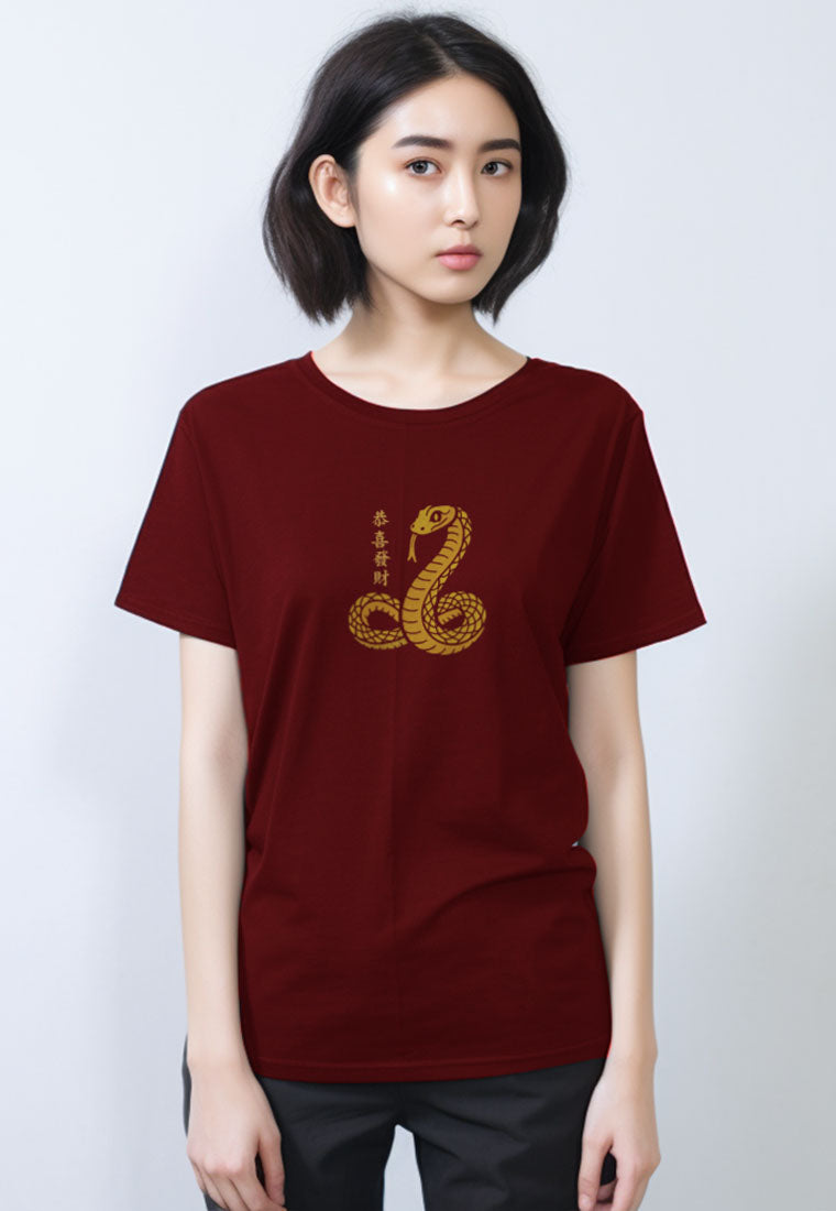 LTG64 Kaos Imlek 2025 tangan pendek wanita Ular Chinese New Year "standing snake" merah maroon