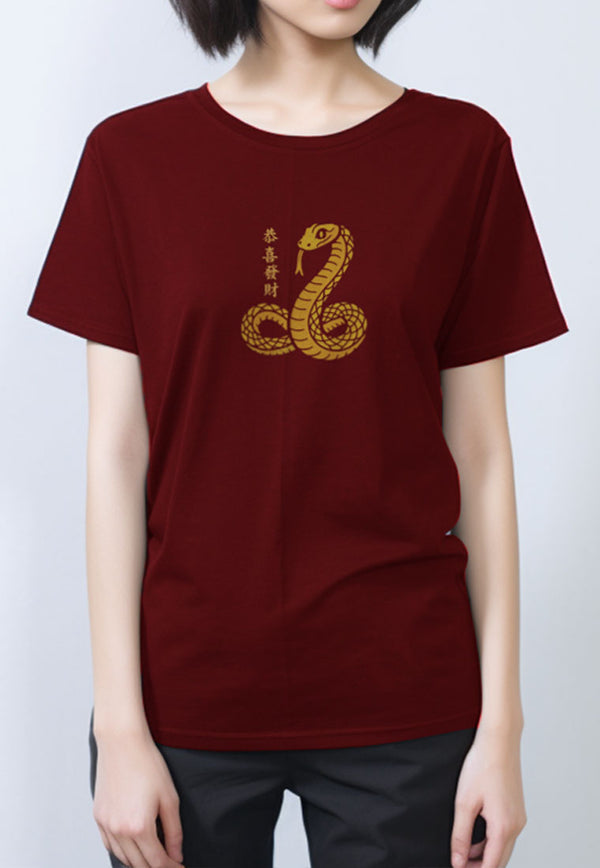 LTG64 Kaos Imlek 2025 tangan pendek wanita Ular Chinese New Year "standing snake" merah maroon