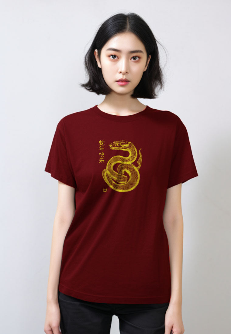 LTG65 Kaos merah imlek wanita "polymesh snake" merah maroon