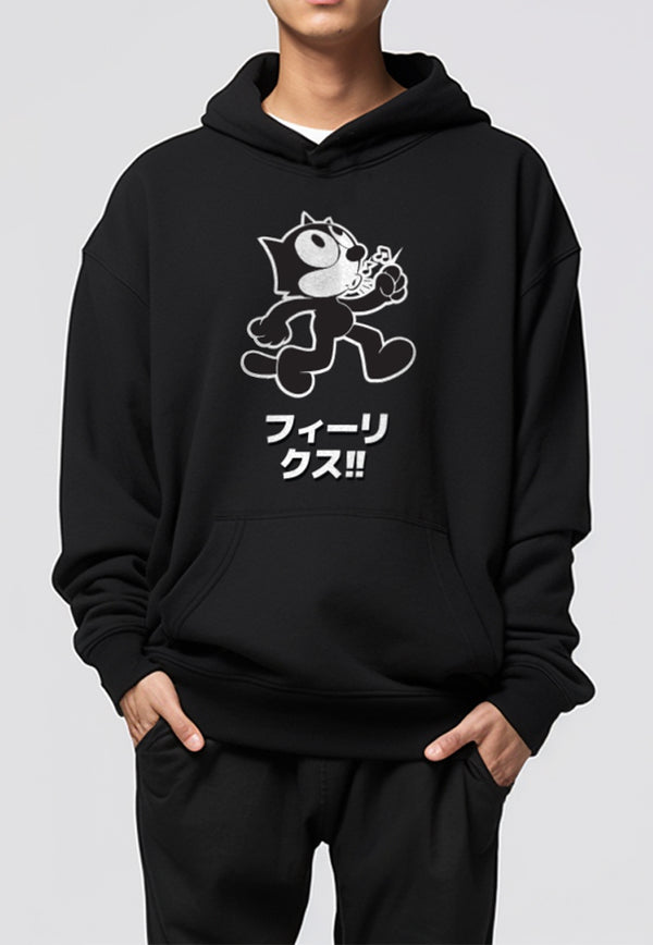 MOB04 Hoodie Pria Oversize Bahan Scubalux gambar Kucing Felix hitam