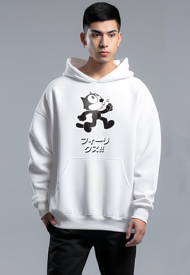 MOB05 Hoodie Pria Oversize Bahan Scubalux gambar Kucing Felix putih