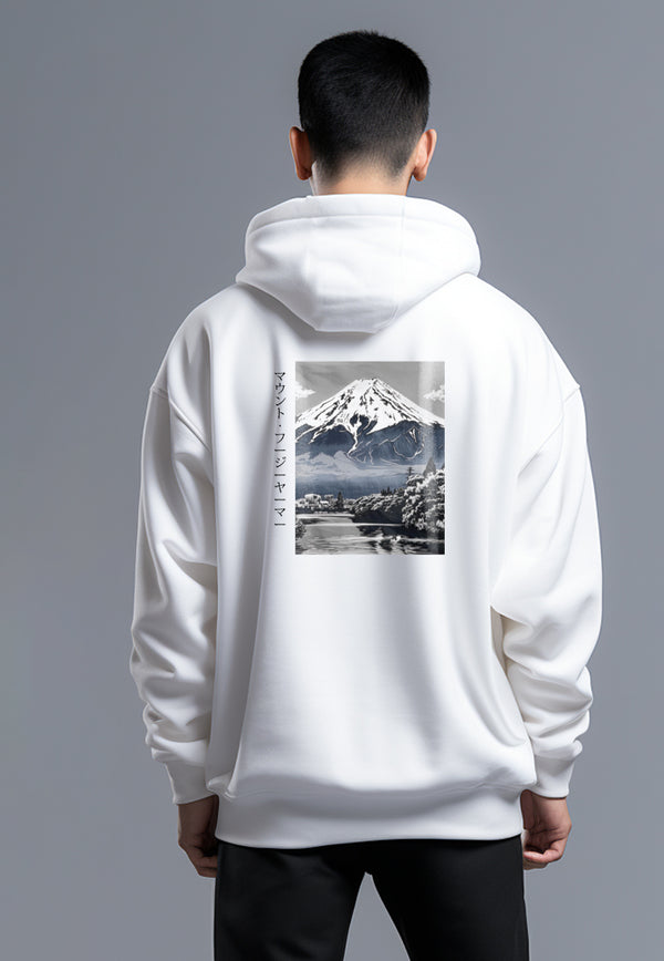 MOB06 Hoodie Gambar Belakang Keren Gunung Fuji Bahan Scuba Putih