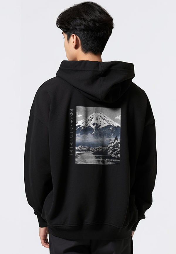 MOB07 Hoodie Gambar Belakang Keren Gunung Fuji Bahan Scuba Hitam