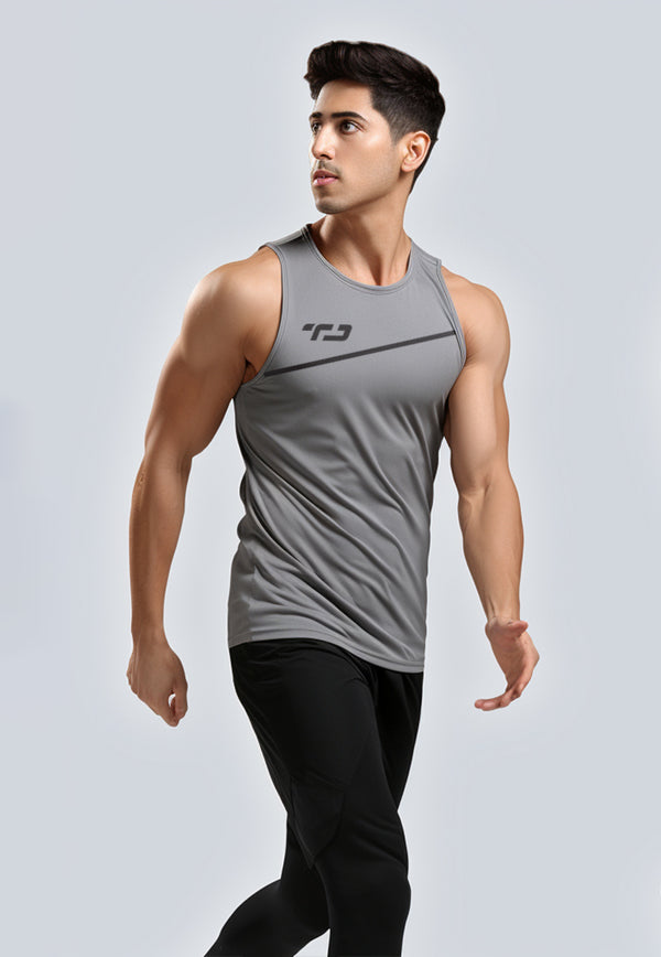 MSA46 Kaos Lari Pria Singlet Drifit "tda logo slash" abu muda