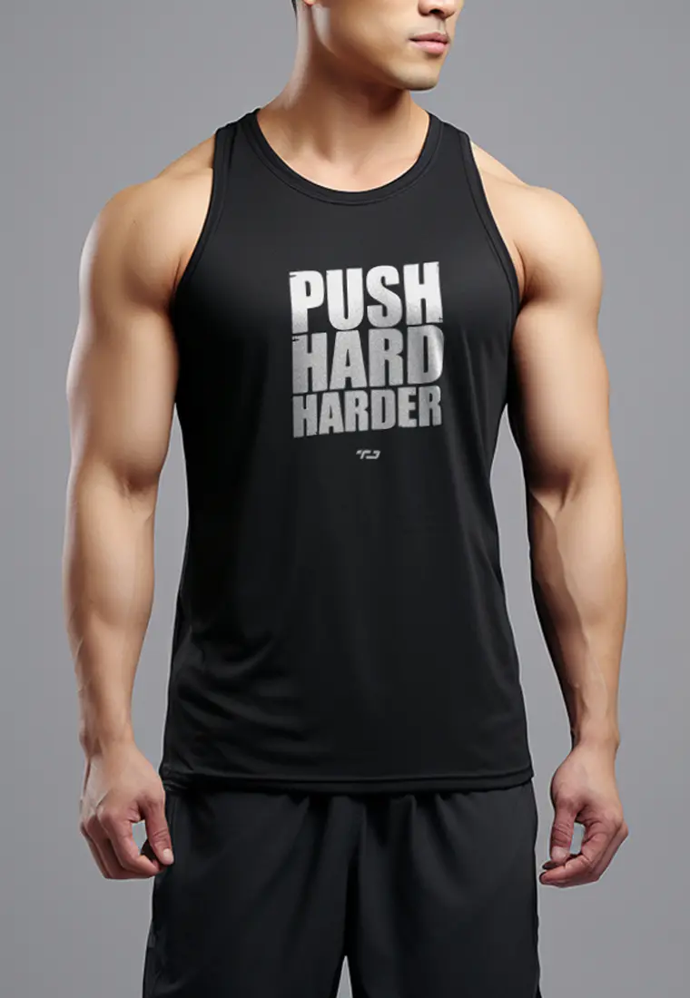 MSA49 Kaos Kutung Gym Kutang instadry "push hard harder" hitam