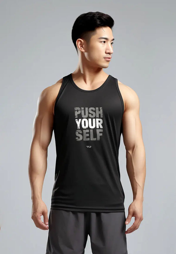 MSA53 kaos fitnes pria 4way stretch nanoamid anti bau "push yourself " hitam