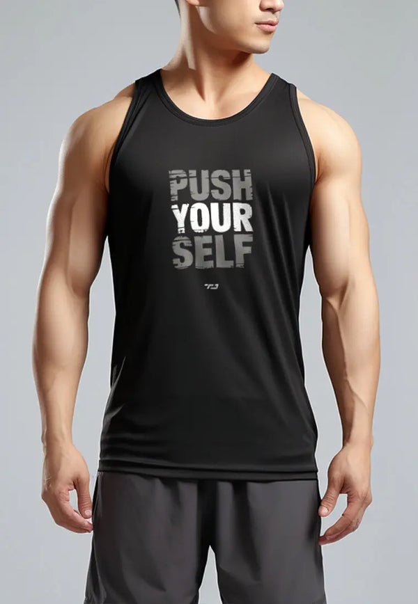 MSA53 kaos fitnes pria 4way stretch nanoamid anti bau "push yourself " hitam