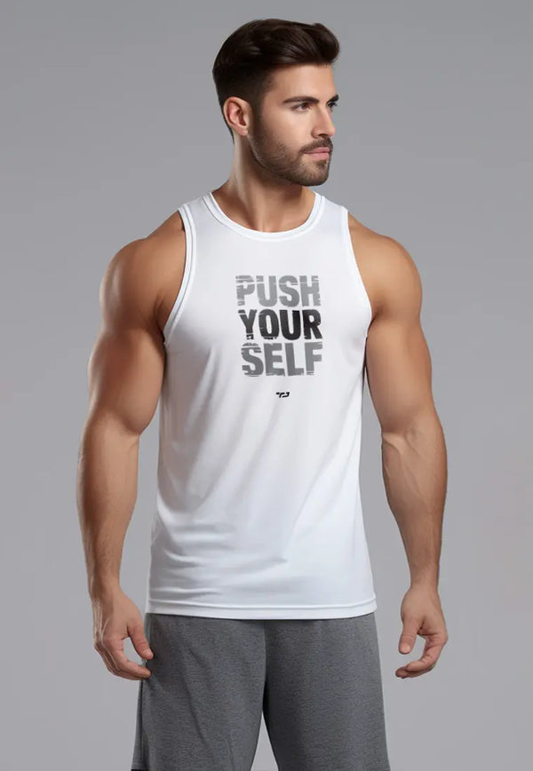 MSA54 kaos fitnes pria 4way stretch nanoamid anti bau "push yourself " putih