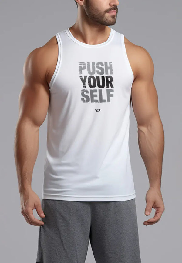 MSA54 kaos fitnes pria 4way stretch nanoamid anti bau "push yourself " putih