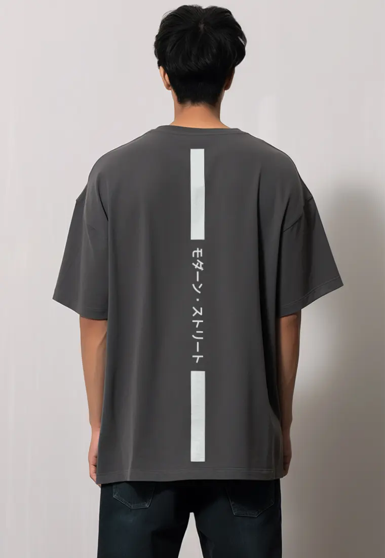 MTN86 kaos distro cowok abu grey oversize scuba leher crew osaka katakana back vertikal abu