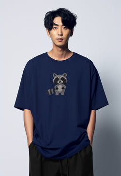 MTO84 kaos oversize gambar kucing racoon efek knitted rajut scuba bahan tebal distro pria navy