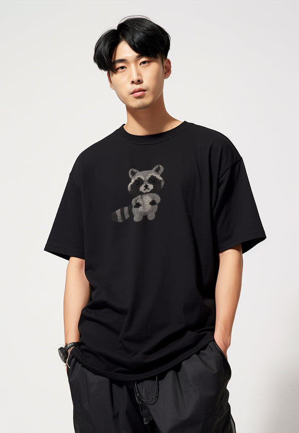 MTO86 kaos oversize gambar kucing racoon efek knitted rajut scuba bahan tebal distro pria hitam