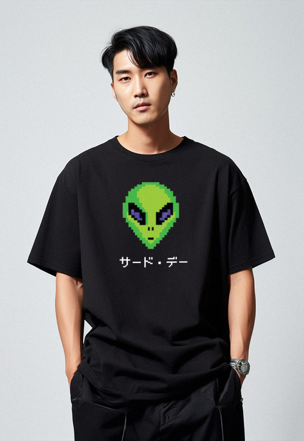 MTO87 kaos oversize alien UFO efek knitted rajut pixel scuba bahan tebal distro cowok hitam