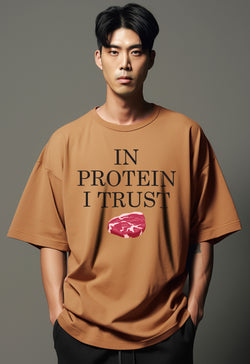 MTO95 kaos oversize gym t shirt bodybuilder bahan tebal scuba pria "in protein i trust" khaki