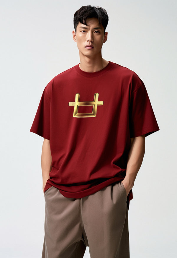 MTP36 kaos oversize aesthetic unik 3d gold plate "third day logo" bahan scuba tebal merah maroon