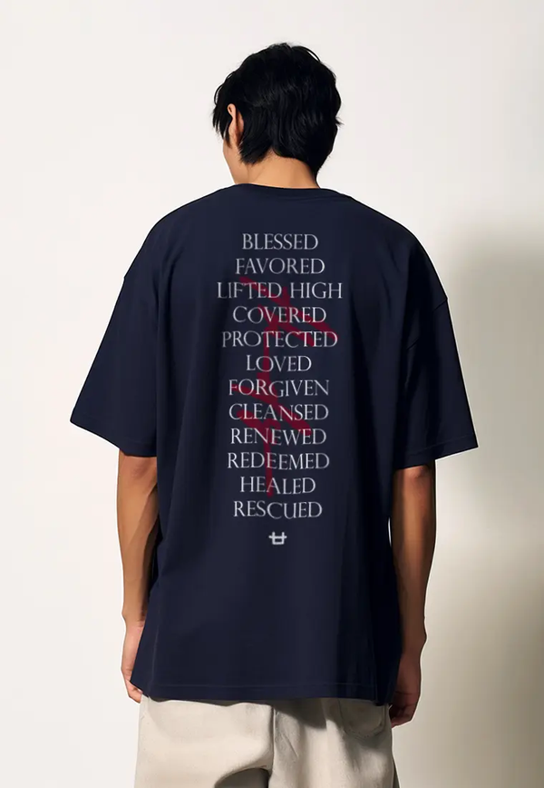 MTP57 kaos rohani oversize bahan tebal scuba "blessed favored lifted high" navy