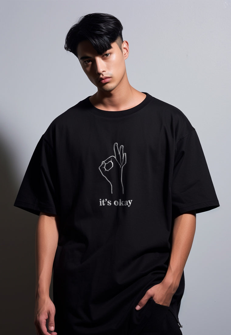 MTQ59 kaos oversize bahan tebal scuba pria distro gambar motif aesthetic "it's okay" hitam