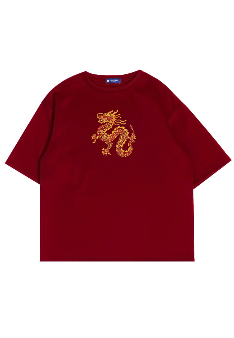 MTQ70 kaos oversize imlek sincia tahun naga "big dragon" pria bahan scuba tebal merah maroon