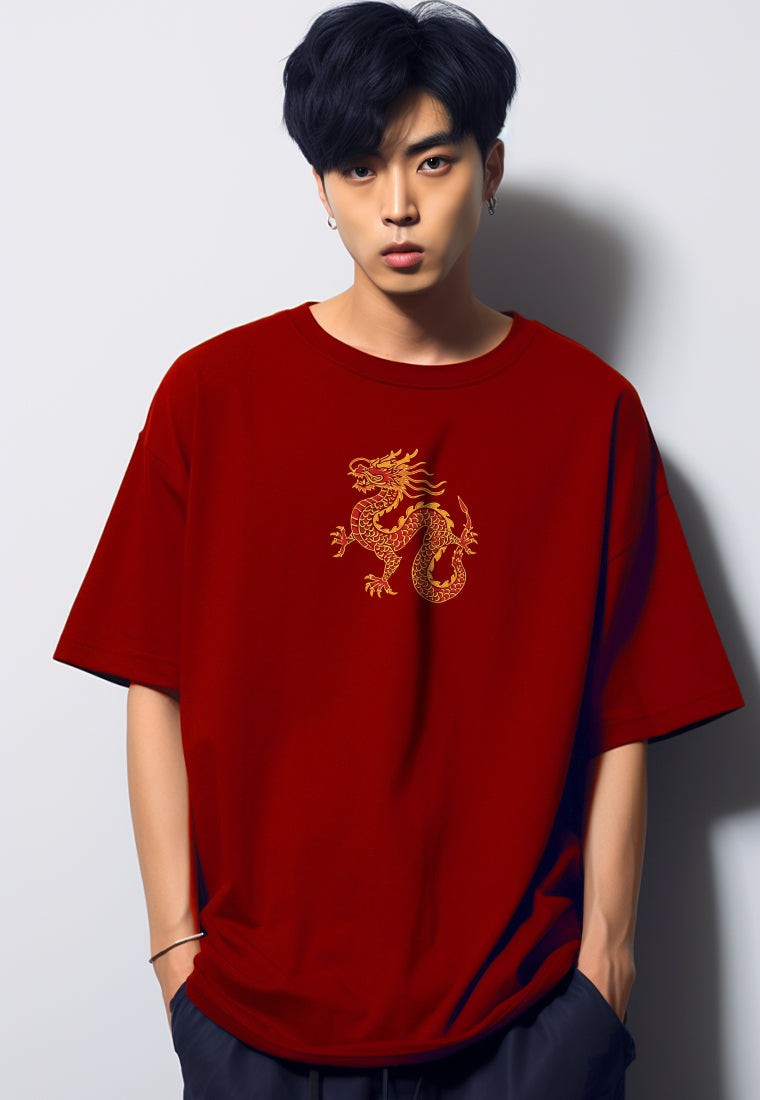 MTQ70 kaos oversize imlek sincia tahun naga "big dragon" pria bahan scuba tebal merah maroon