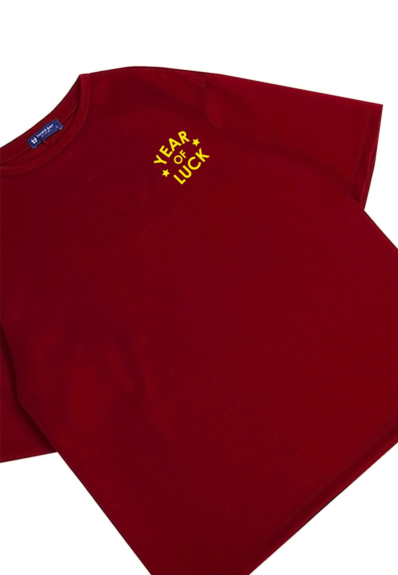 MTQ74 kaos oversize bahan tebal scuba 215gsm imlek sinciah "year of luck" merah maroon