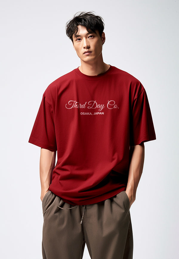 MTQ78 kaos oversize tebal scuba unisex "thirddayco script" merah maroon