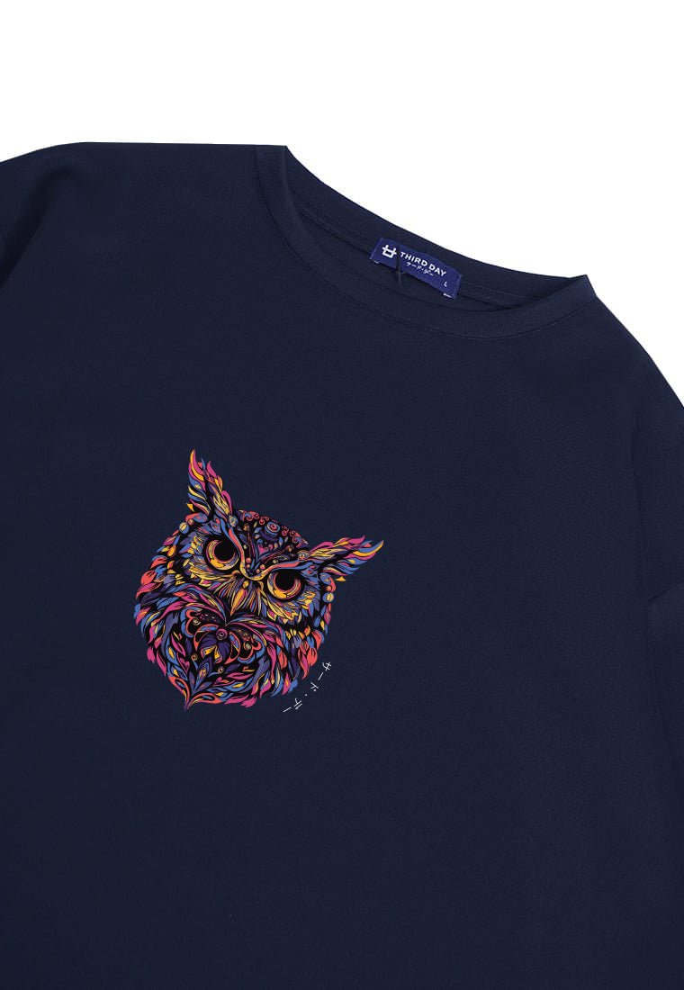 MTR78 Kaos Oversize Gambar Burung Hantu Owl Bahan Tebal Scuba "owl katakana" Navy