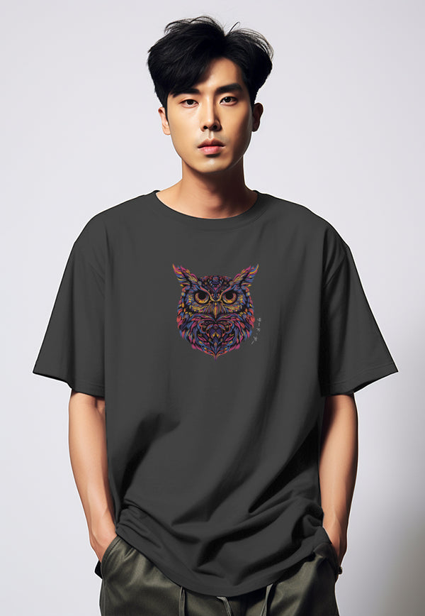 MTR79 Kaos Oversize Gambar Burung Hantu Owl Bahan Tebal Scuba "owl katakana" Abu