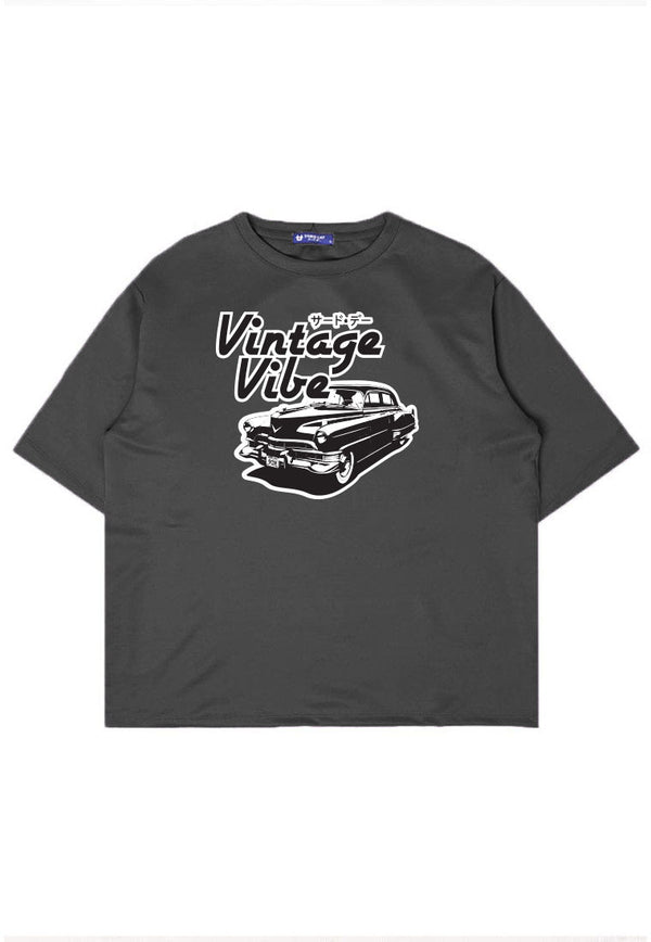 MTS07 Kaos Oversize Gambar Mobil Vintage Bahan Scuba Tebal "vintage vibe" Abu Tua