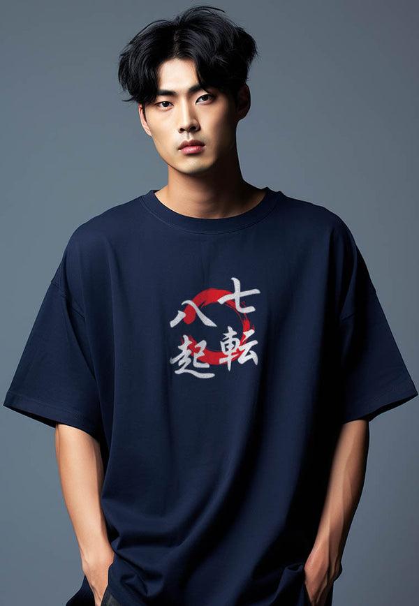 MTS51 Kaos Oversize Tulisan Jepang ScubaLux Bahan Tebal "fall seven, get up eight" navy