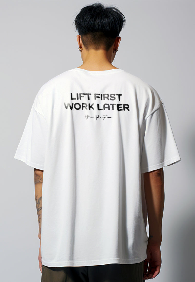 MTS86 Kaos Oversize Gym ScubaLux bahan tebal scuba "lift first work later" putih