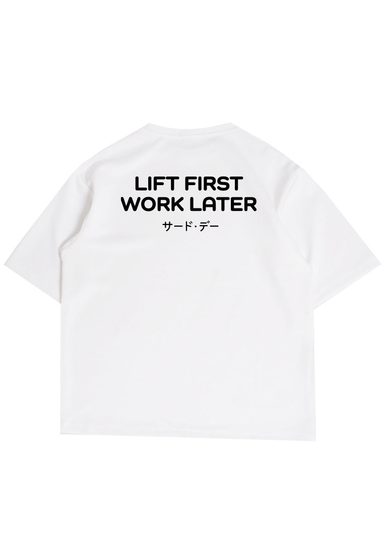 MTS86 Kaos Oversize Gym ScubaLux bahan tebal scuba "lift first work later" putih