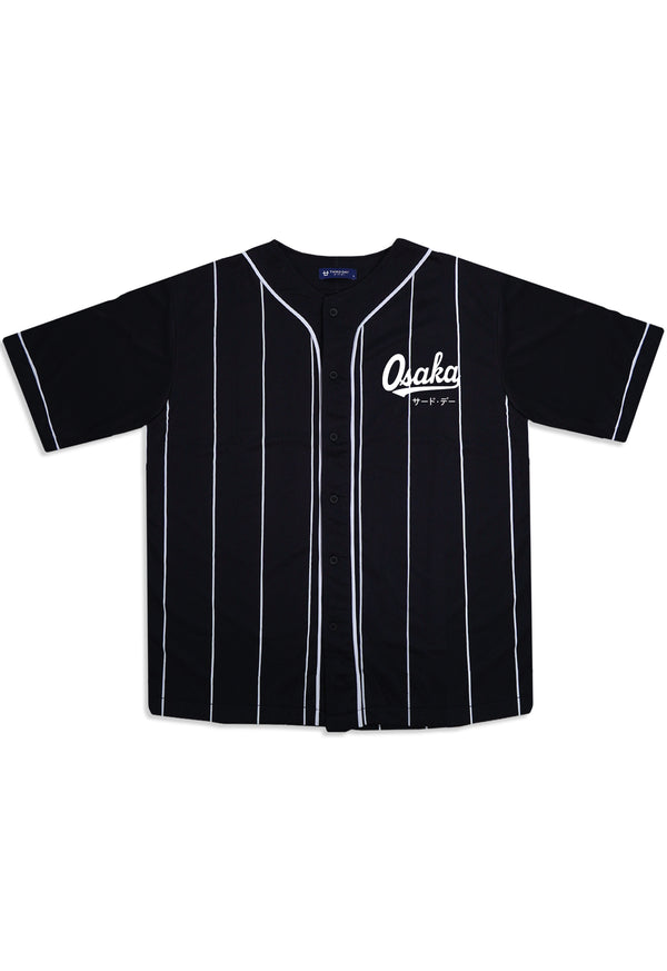 MTS91 Kemeja Baseball Oversize Jersey Garis Putih "Osaka" Hitam