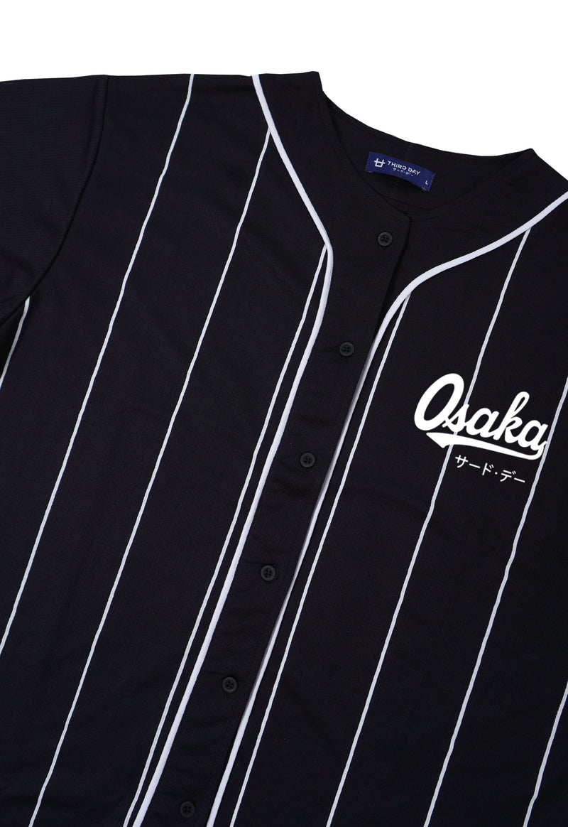 MTS91 Kemeja Baseball Oversize Jersey Garis Putih "Osaka" Hitam