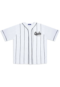 MTS92 Kemeja Baseball Oversize Jersey Garis Hitam "Osaka" Putih