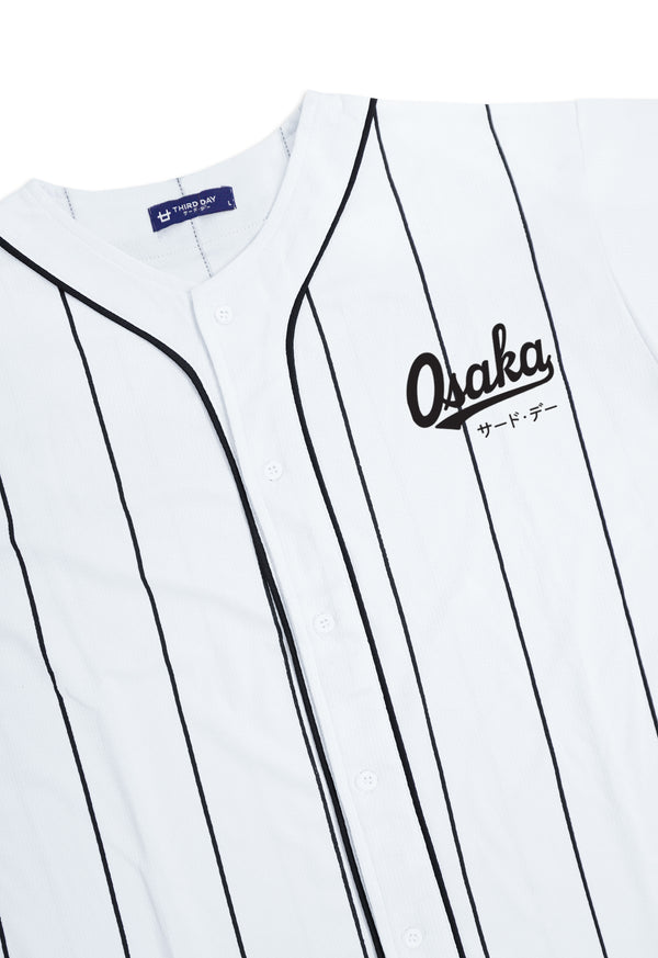 MTS92 Kemeja Baseball Oversize Jersey Garis Hitam "Osaka" Putih