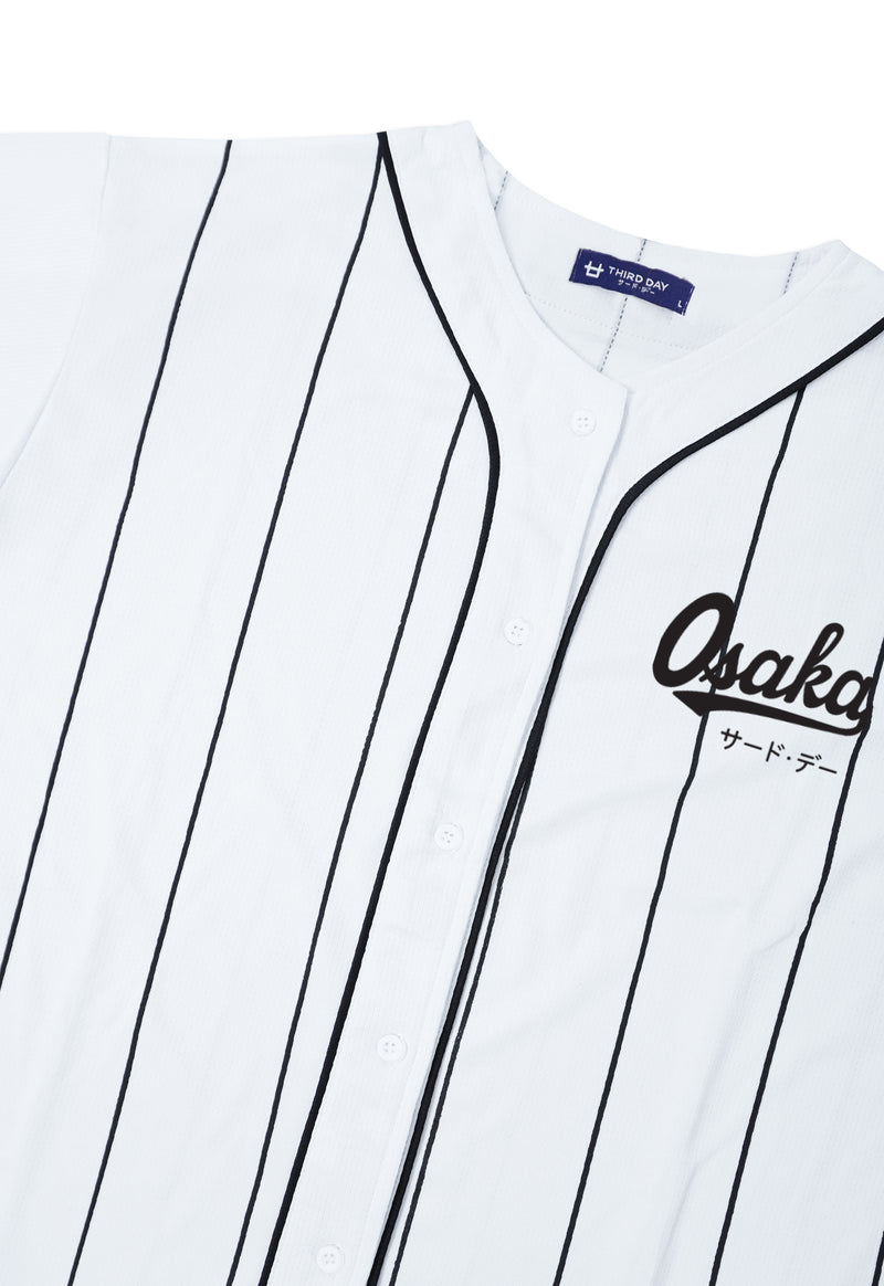 MTS92 Kemeja Baseball Oversize Jersey Garis Hitam "Osaka" Putih