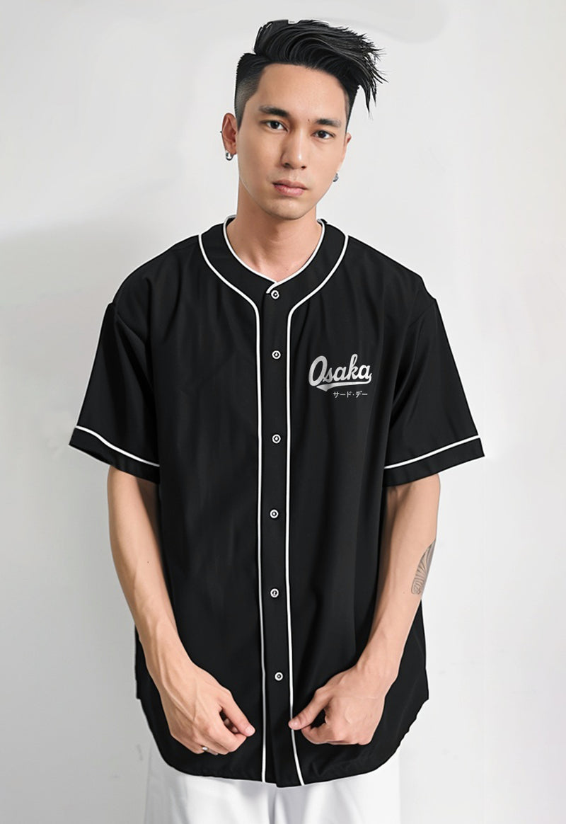 MTS93 Kemeja Baseball Oversize Jersey Polos "Osaka" Hitam