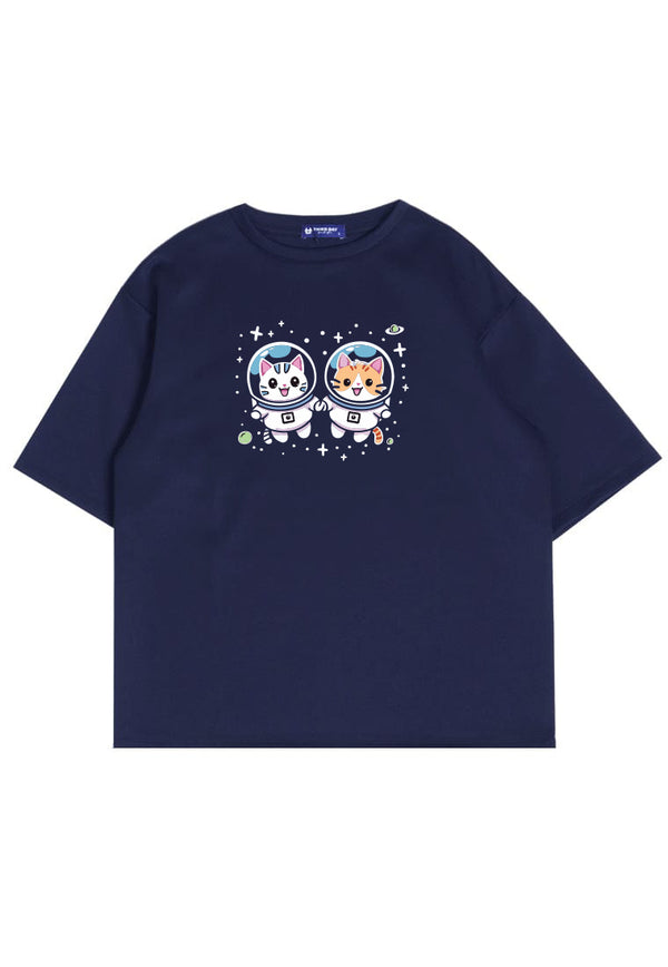 MTT06 Kaos Oversize Gambar Astronot Kucing Anjing Bahan Scuba Tebal Navy