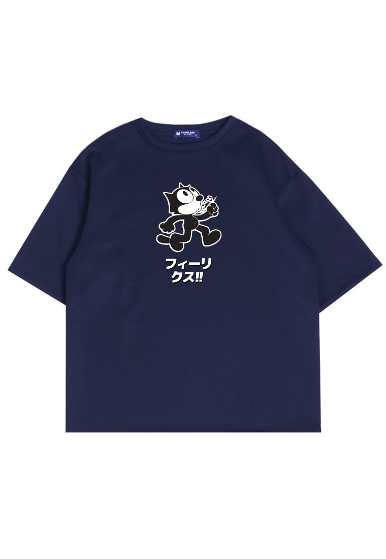 MTT12 Kaos Oversize Gambar Kucing Bahan Scuba Tebal "Felix" navy